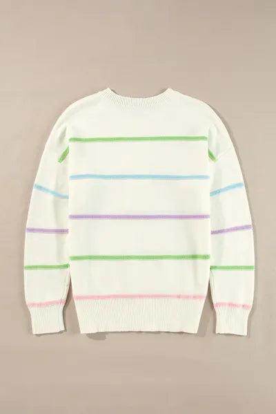 Contrast Striped Half Button Round Neck Sweater for Women