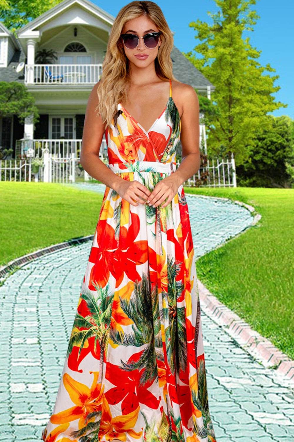 Crisscross Printed Surplice Cami Dress For Women