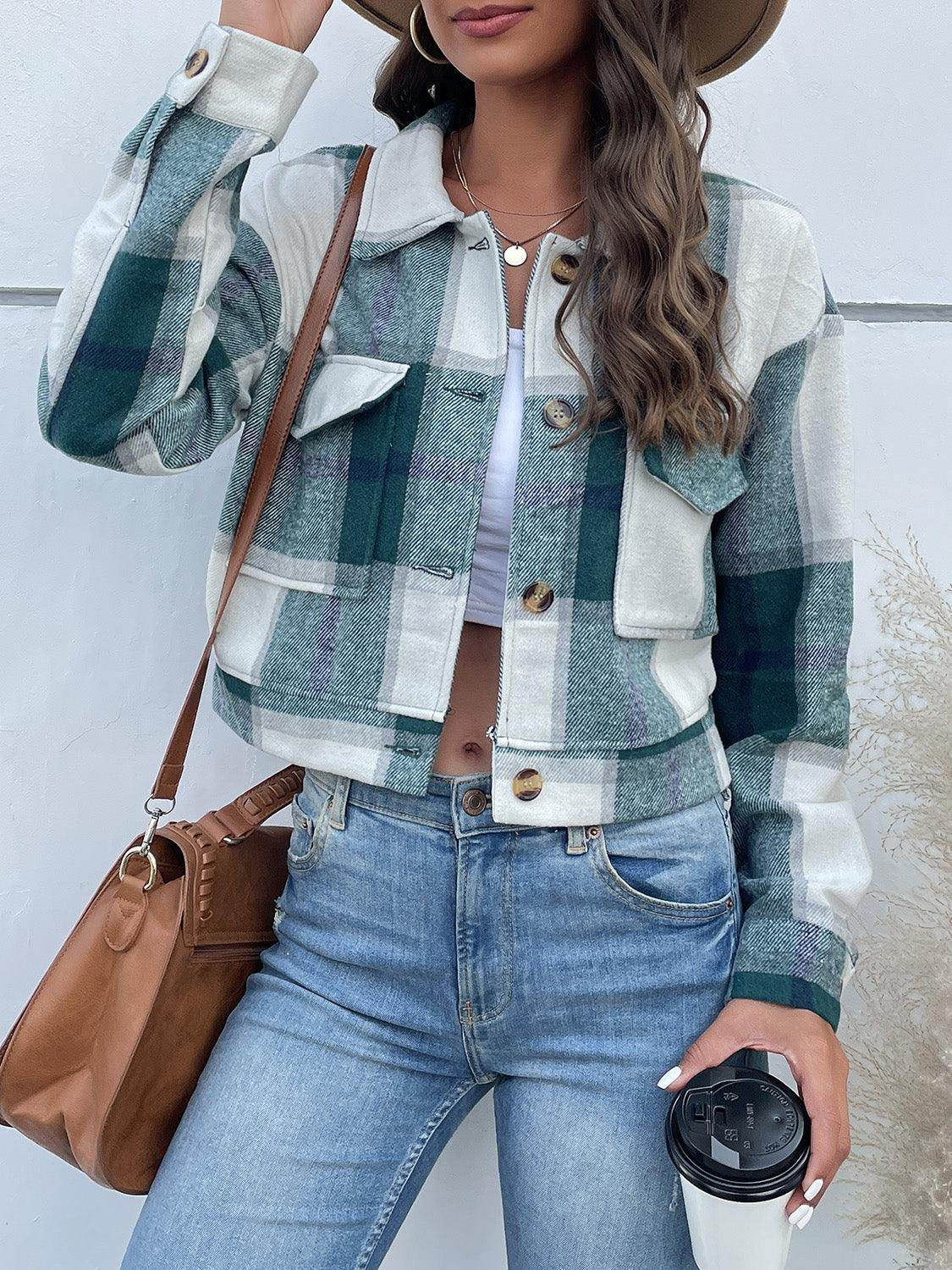 Perfee Plaid Button Up Drop Shoulder Cropped Jacket for Women