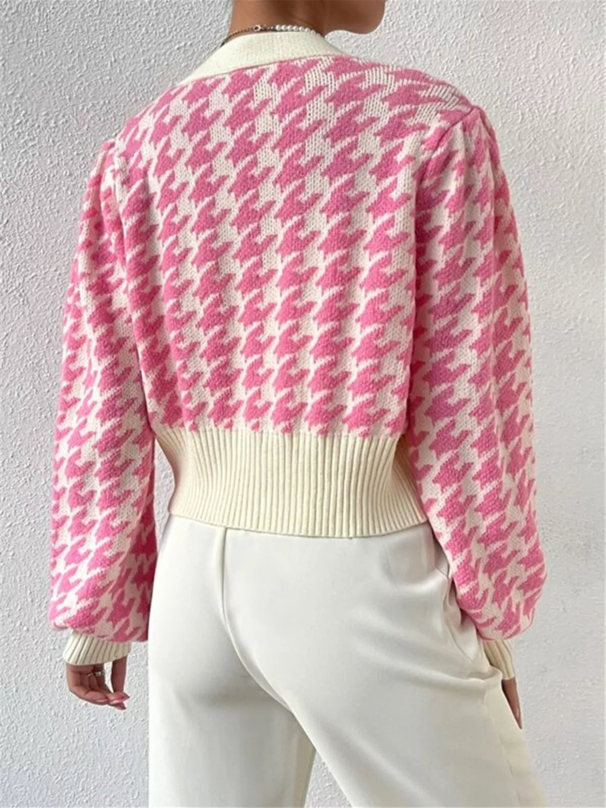Houndstooth V-Neck Button Up Cardigan