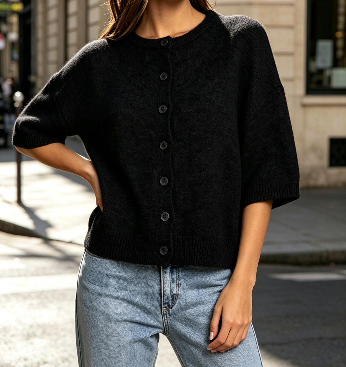 2026 Autumn Cross Border Round Neck Mid Sleeve Knitted Wool Cardigan Women&