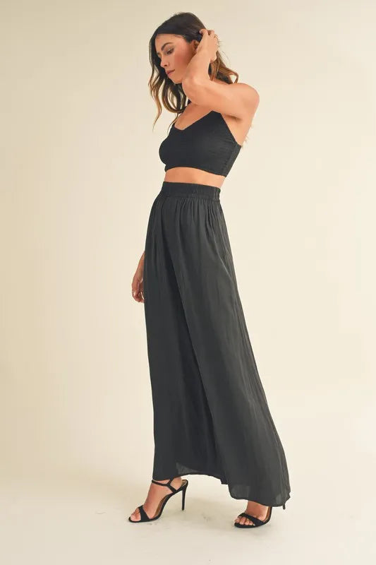 MABLE Smocked Bralette Crop Top and Wide Leg Pants Set