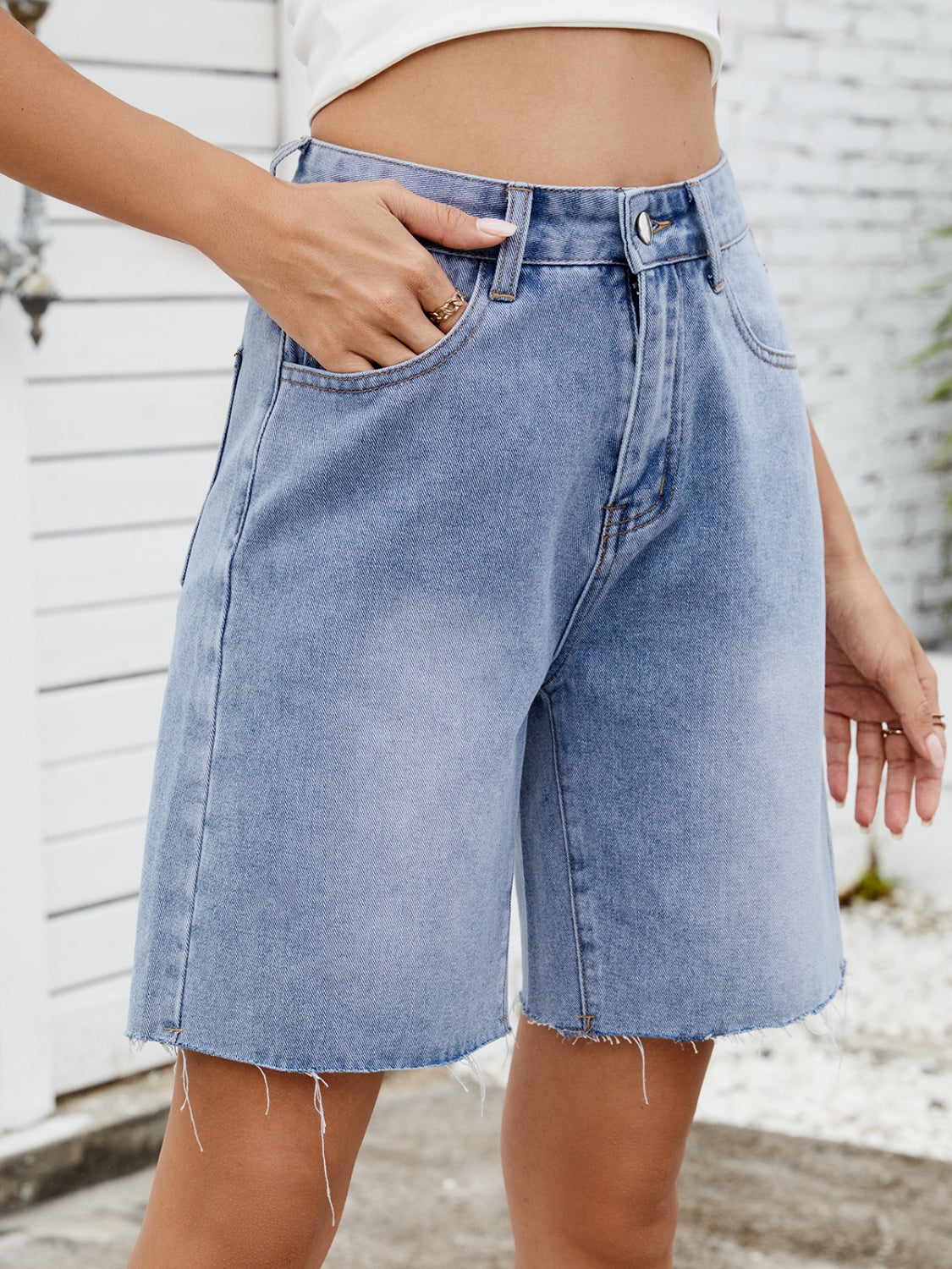Washed Raw Hem Denim Shorts