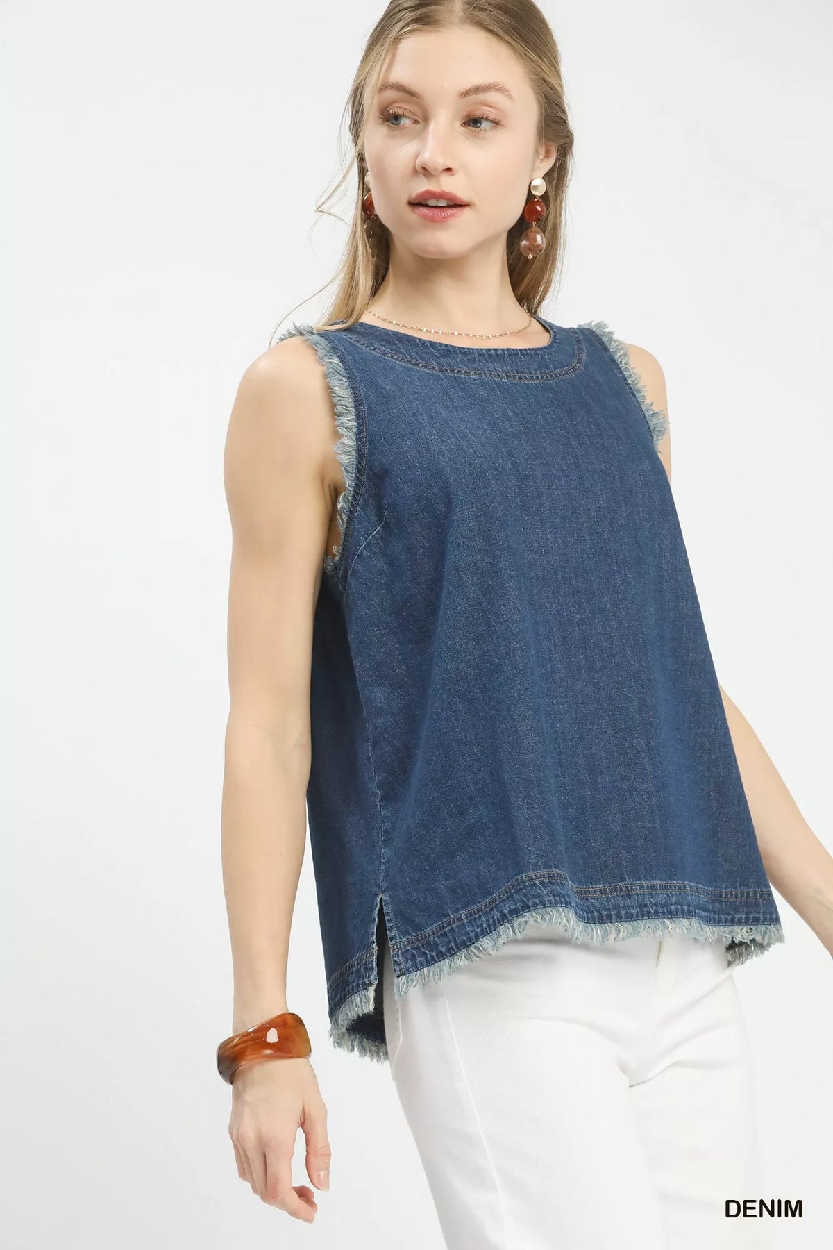 Umgee Sleeveless Fringe Hem Denim Top