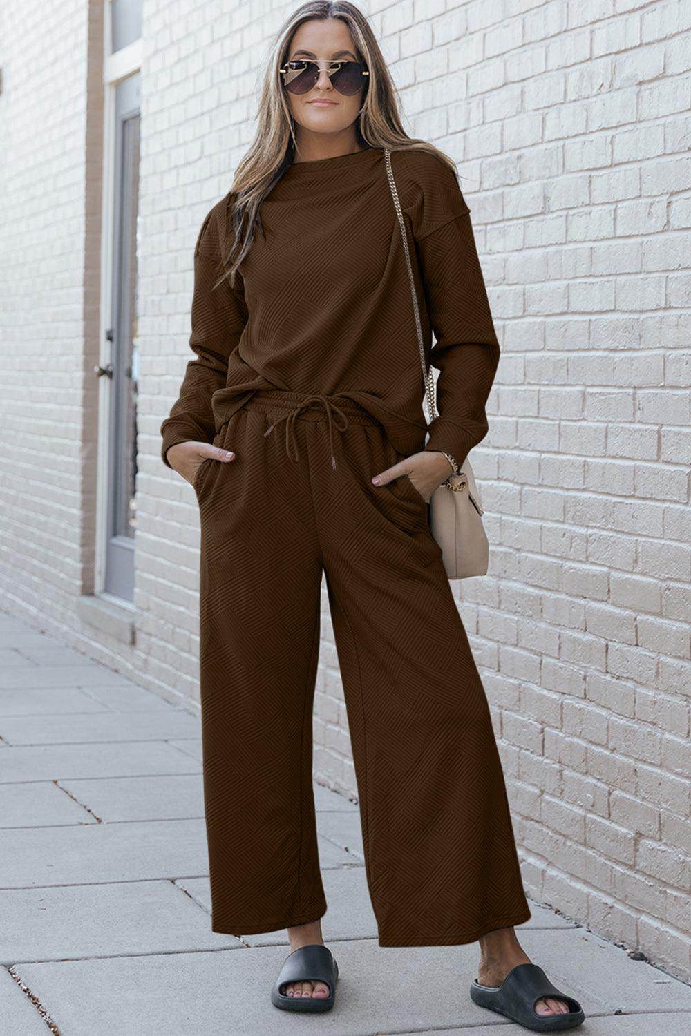 Double Take Full Size Textured Long Sleeve Top and Drawstring Pants Set for Women