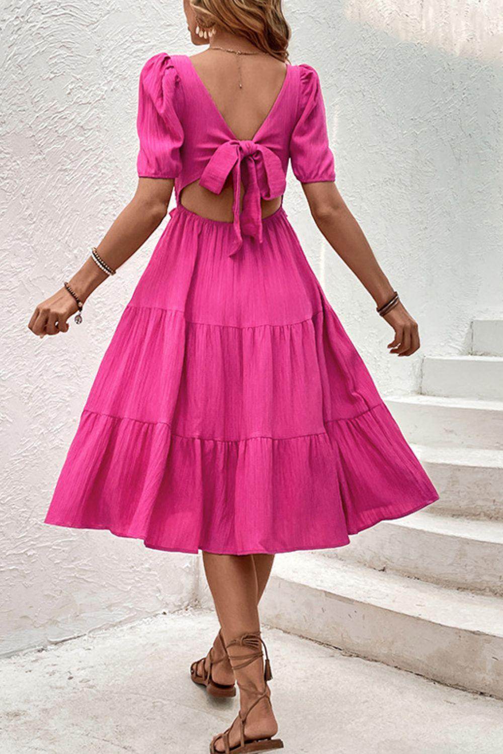 Perfee Square Neck Puff Sleeve Cutout Dress for Women