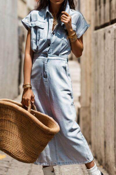 Slit Pocketed Half Button Denim Dress for Casual Style