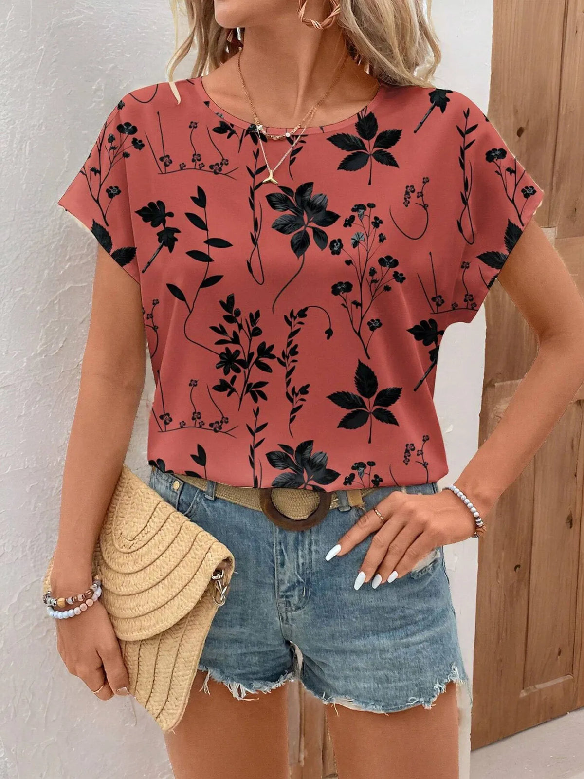 Printed Round Neck Short Sleeve Blouse