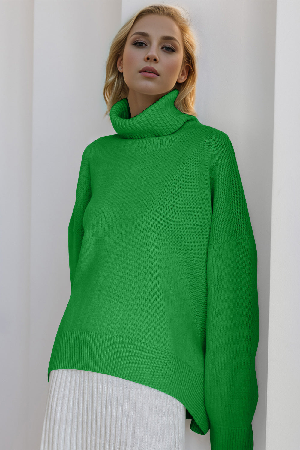Back To School Sweater - Basic Bae Turtleneck Dropped Shoulder Long Sleeve Sweater