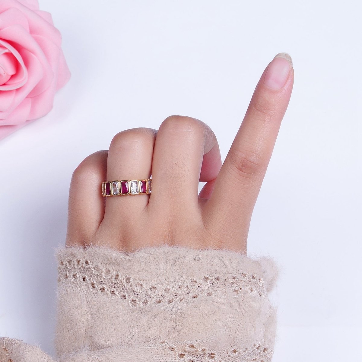Baguette Cubic Zirconia CZ Lined Adjustable Gold Ring | O-169~O-173