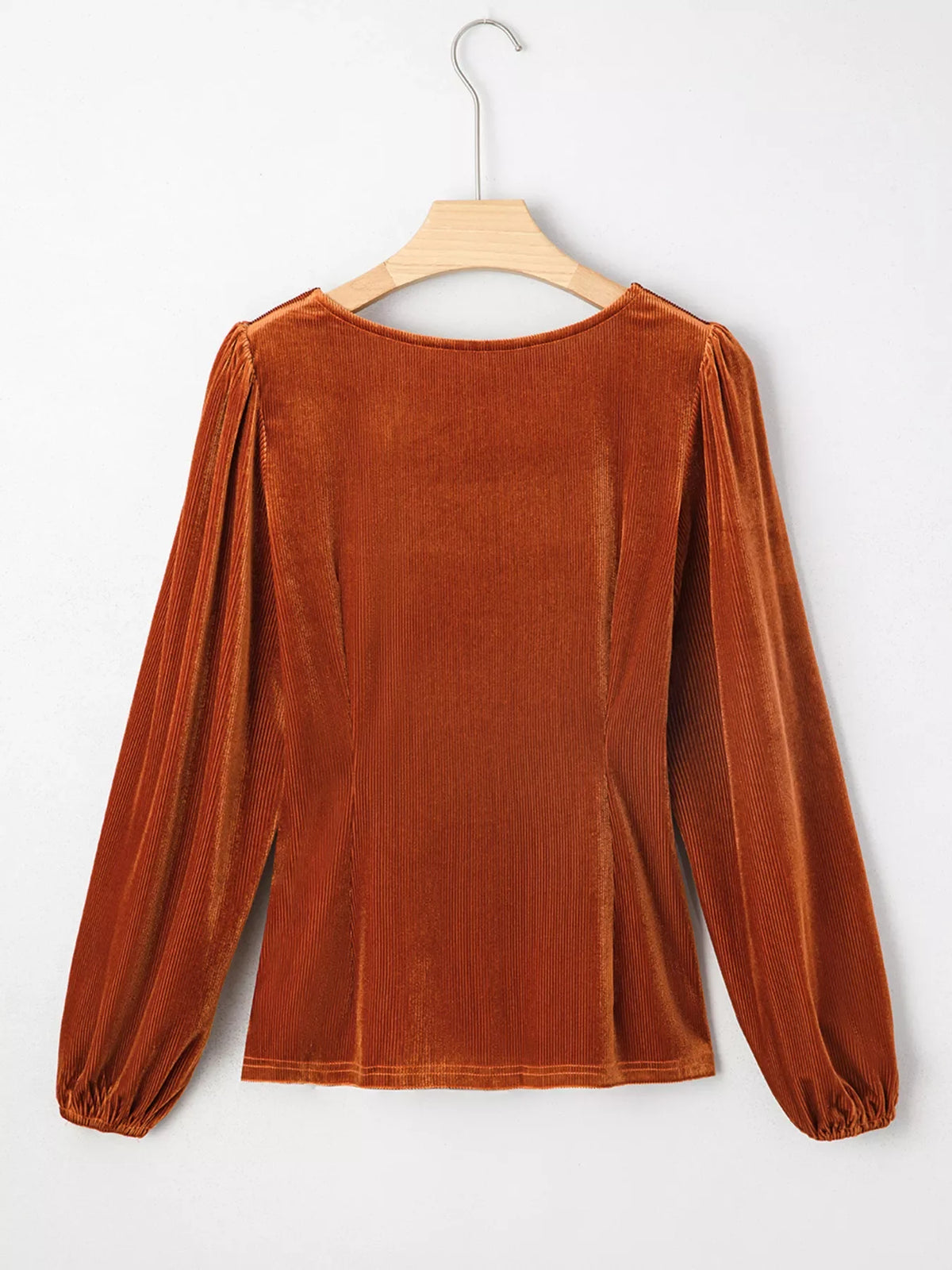Velvet Ribbed Texture Square Neck Slim Puff Sleeve Top