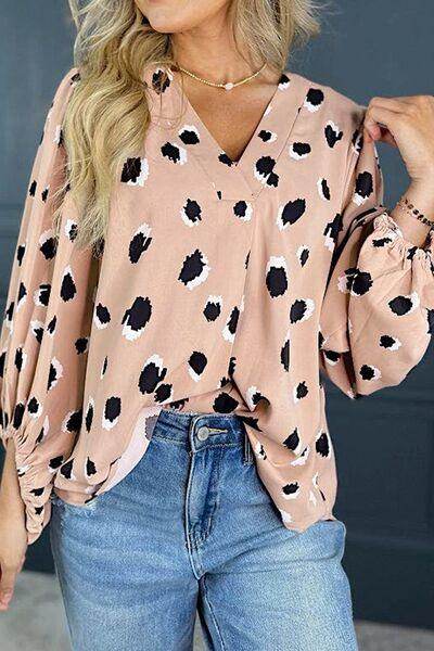 Contrast Animal Print V-Neck Long Sleeve Blouse for Women