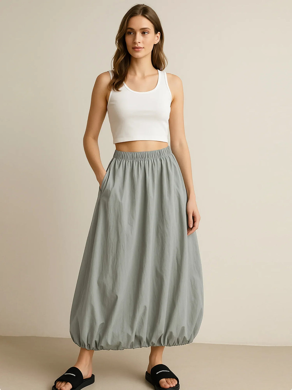 Elastic Waist Bubble Hem Maxi Skirt