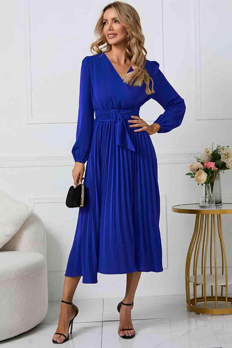 V-Neck Long Sleeve Tie Waist Midi Dress for Women