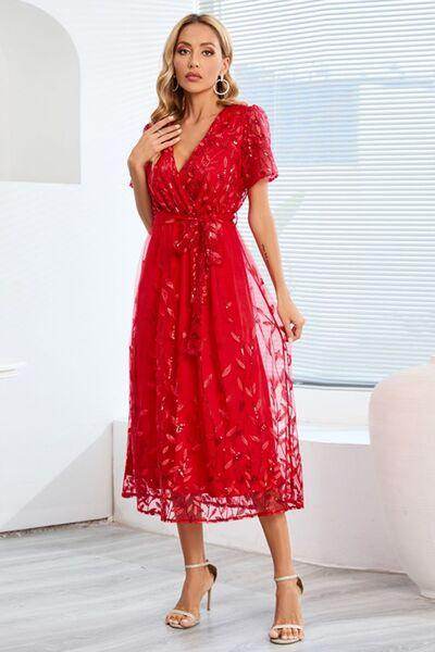 Sequin Leaf Embroidery Tie Front Short Sleeve Dress for Women