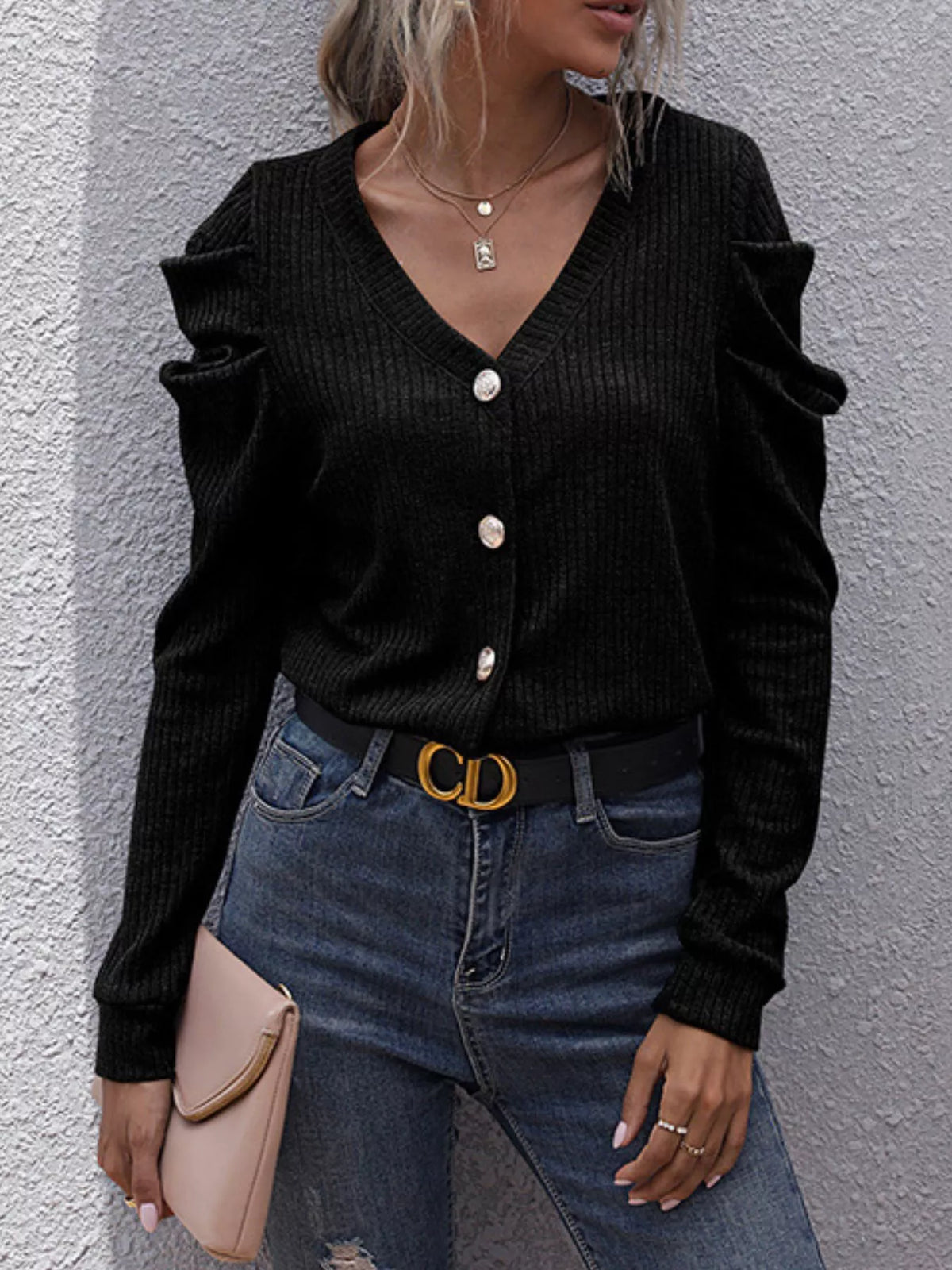 Ribbed V-Neck Button-Up Cardigan