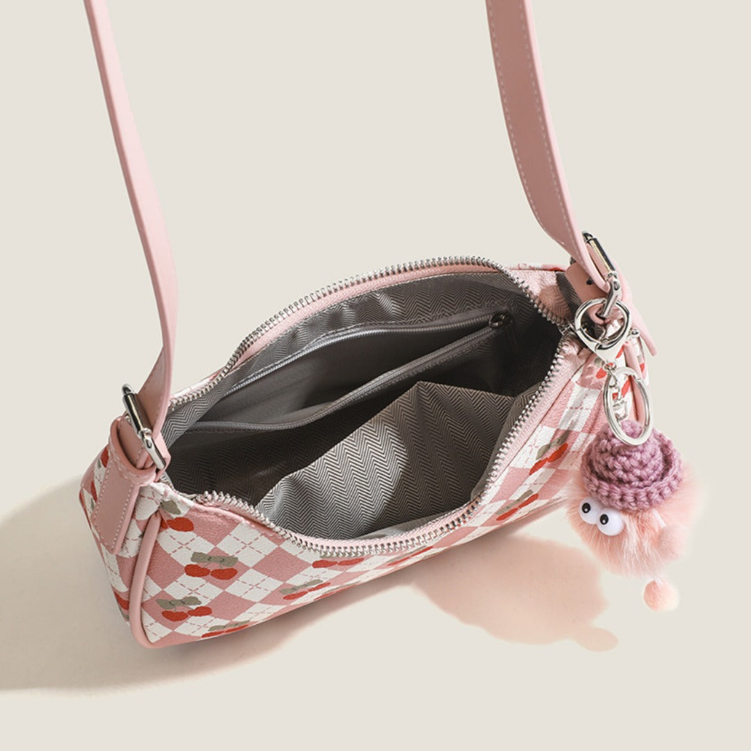 Small versatile shoulder bag, cute cherry pattern shoulder bag, top handle bag, crescent bag hobo