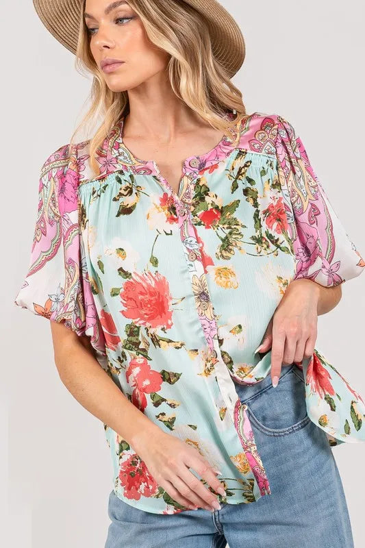 SAGE+FIG Plus Size Floral Mineral Wash French Terry Button Up Shirt