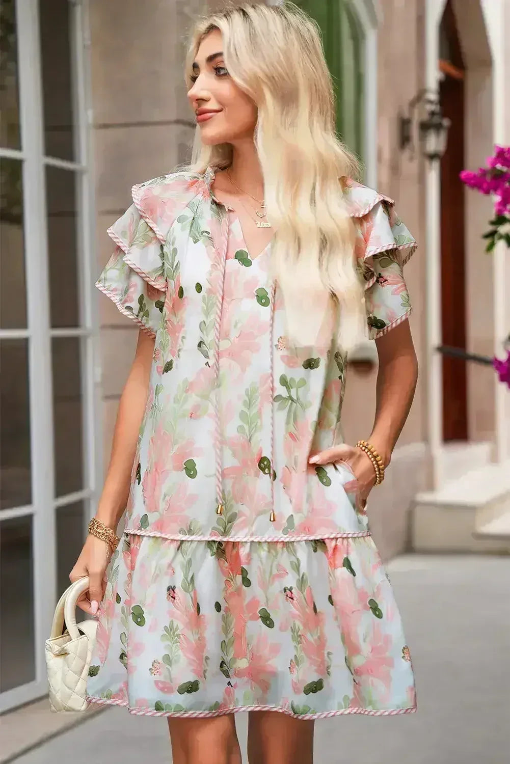 Sky Blue Floral Contrast Edge Ruffle Sleeve Tie Neck Mini Dress