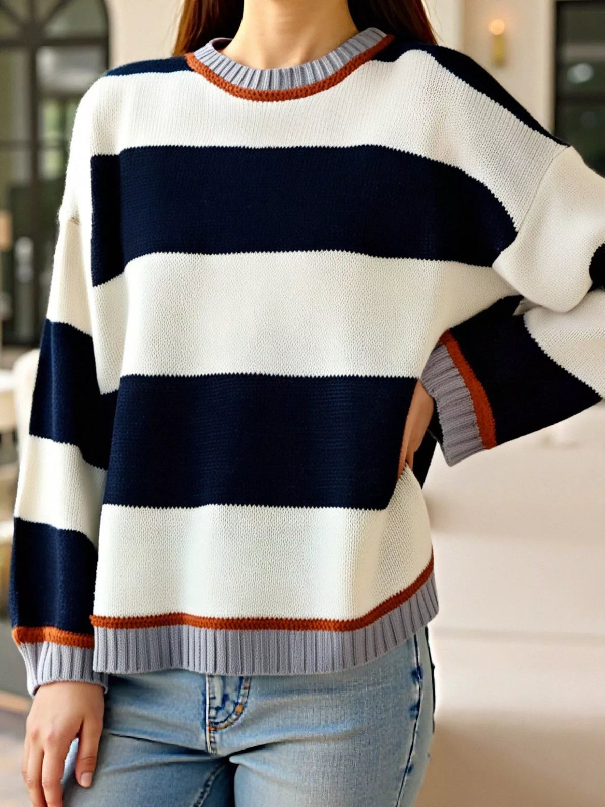 Color Block Round Neck Sweater