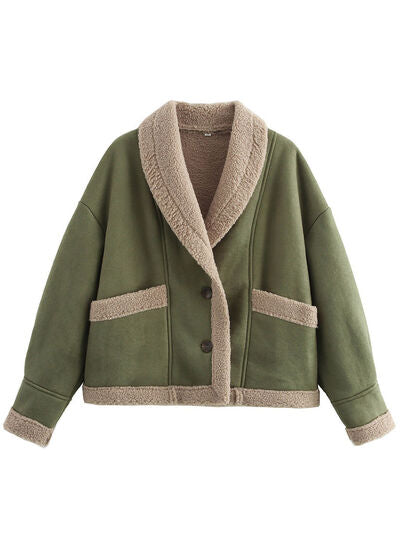 Fuzzy Collared Neck Long Sleeve Jacket with Buttoned Closure and Cozy Pockets