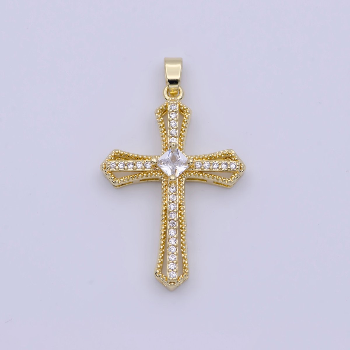 Beaded Micro Paved Rhombus CZ Clear, Pink, Green Religious Cross Pendant | X-494-X-496