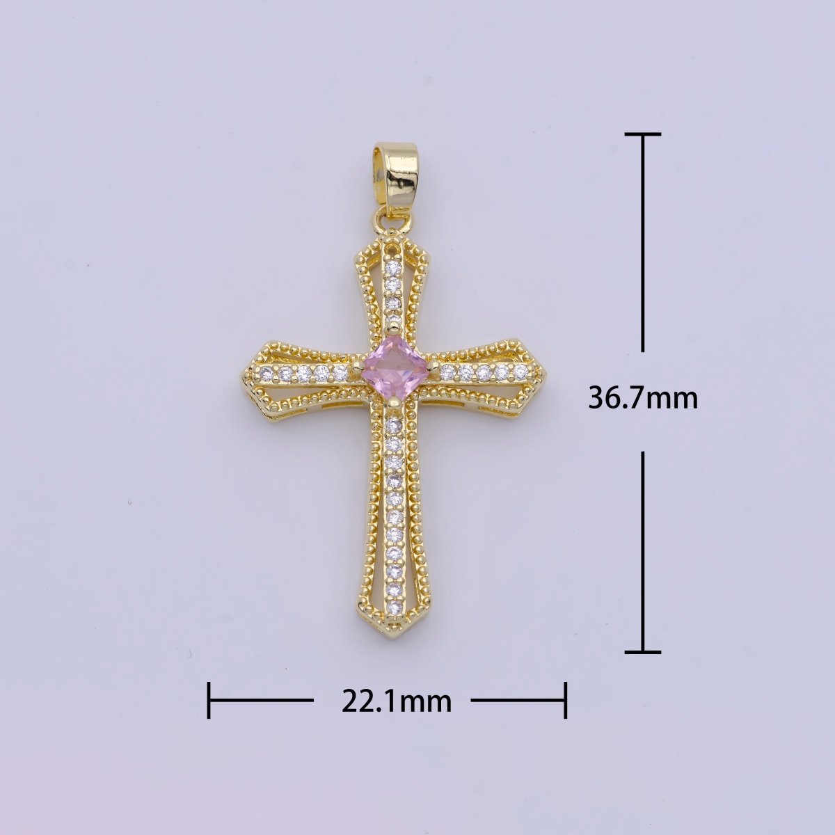 Beaded Micro Paved Rhombus CZ Clear, Pink, Green Religious Cross Pendant | X-494-X-496