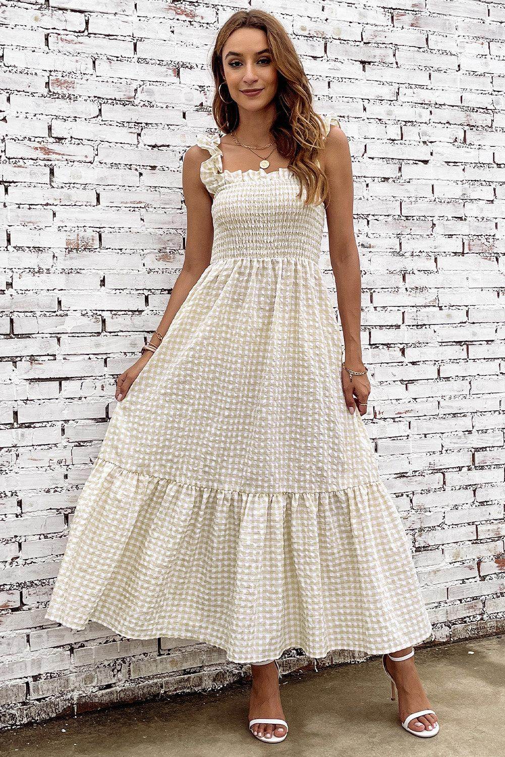 Plaid Ruffle Strap Square Neck Dress for Casual Style