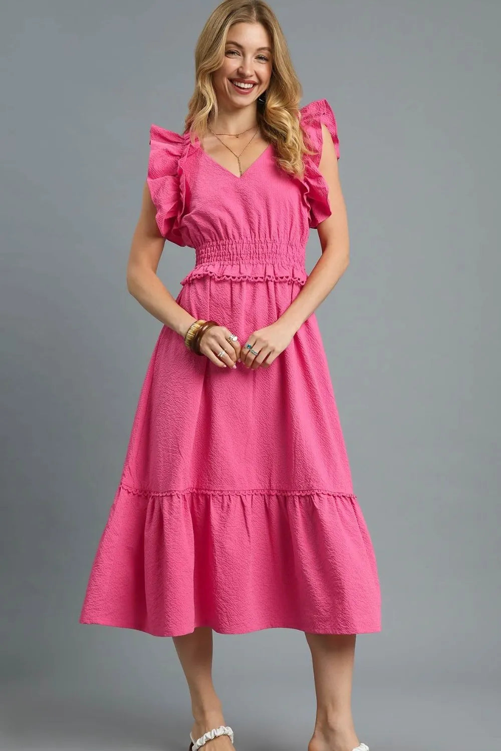 Umgee V-Neck Ruffled Cap Sleeve Midi Dress