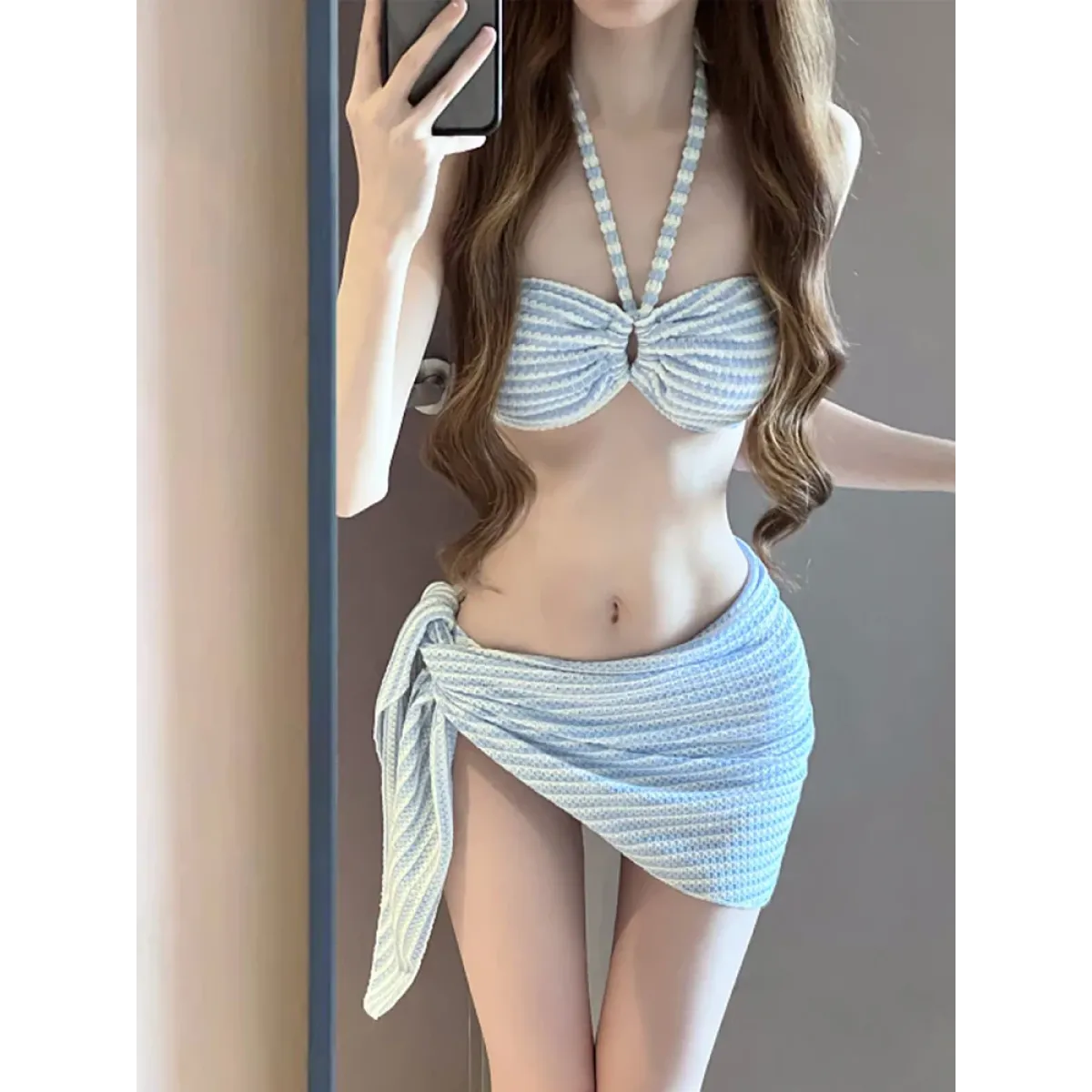 Striped 4-Piece Bikini Set – Halter Top, Sarong Cover-Up Summer Swimwear