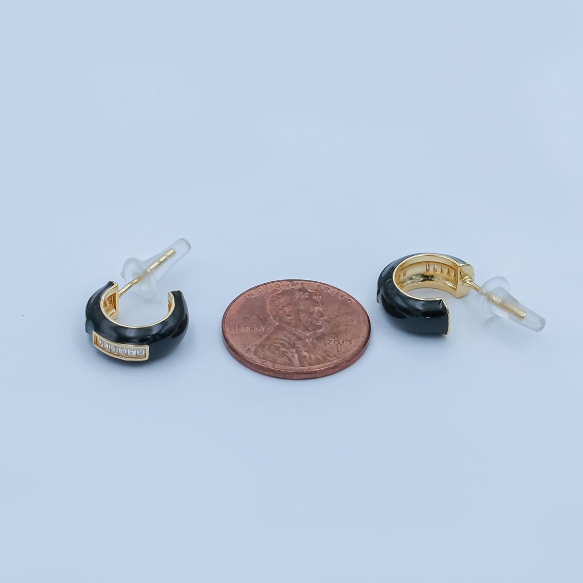 Black, White Enamel Baguette CZ C-Shaped Hoop Earrings in Gold & Silver | AE265 - AE73