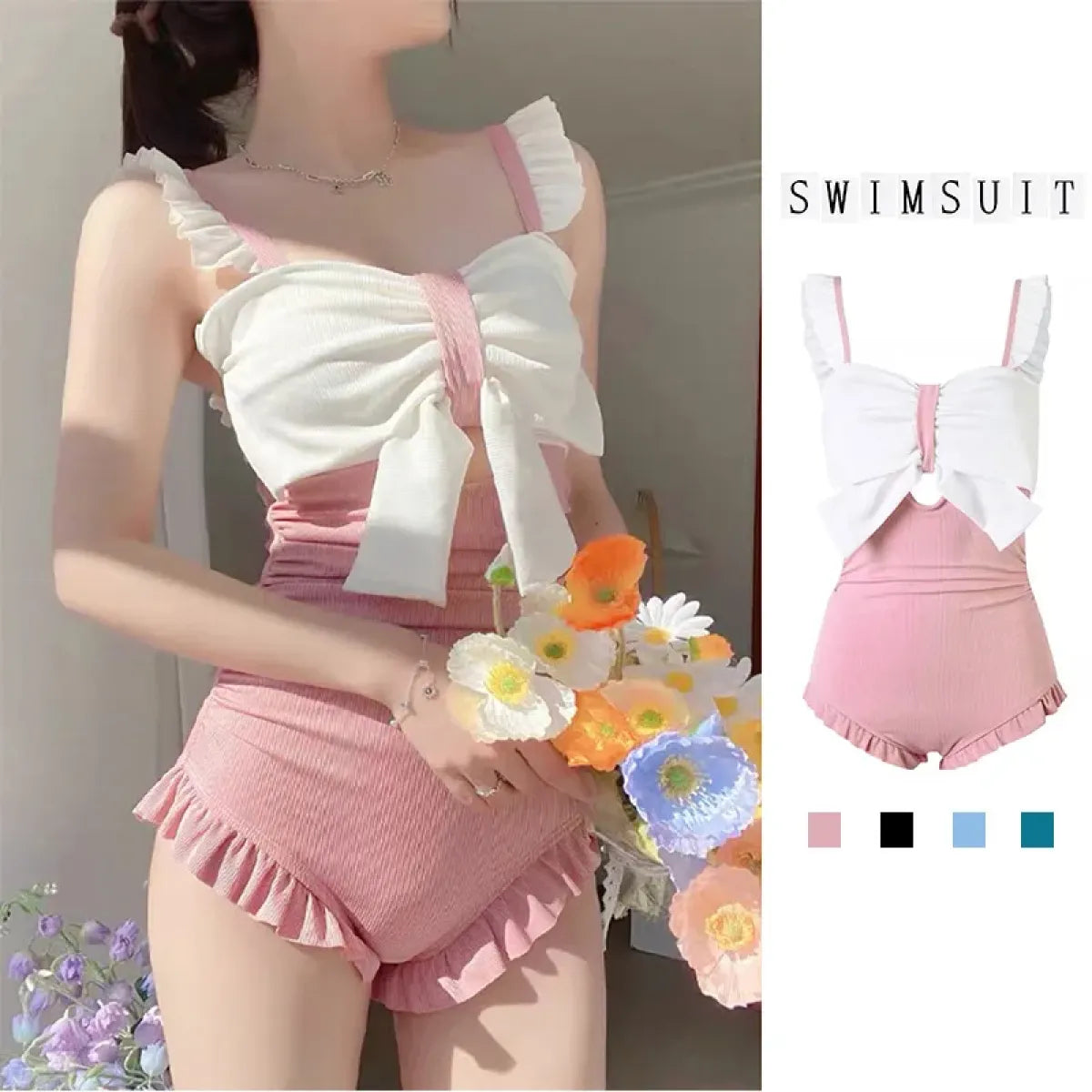 Bow Patchwork Swimsuit β Korean Ruffle One Piece Shorts