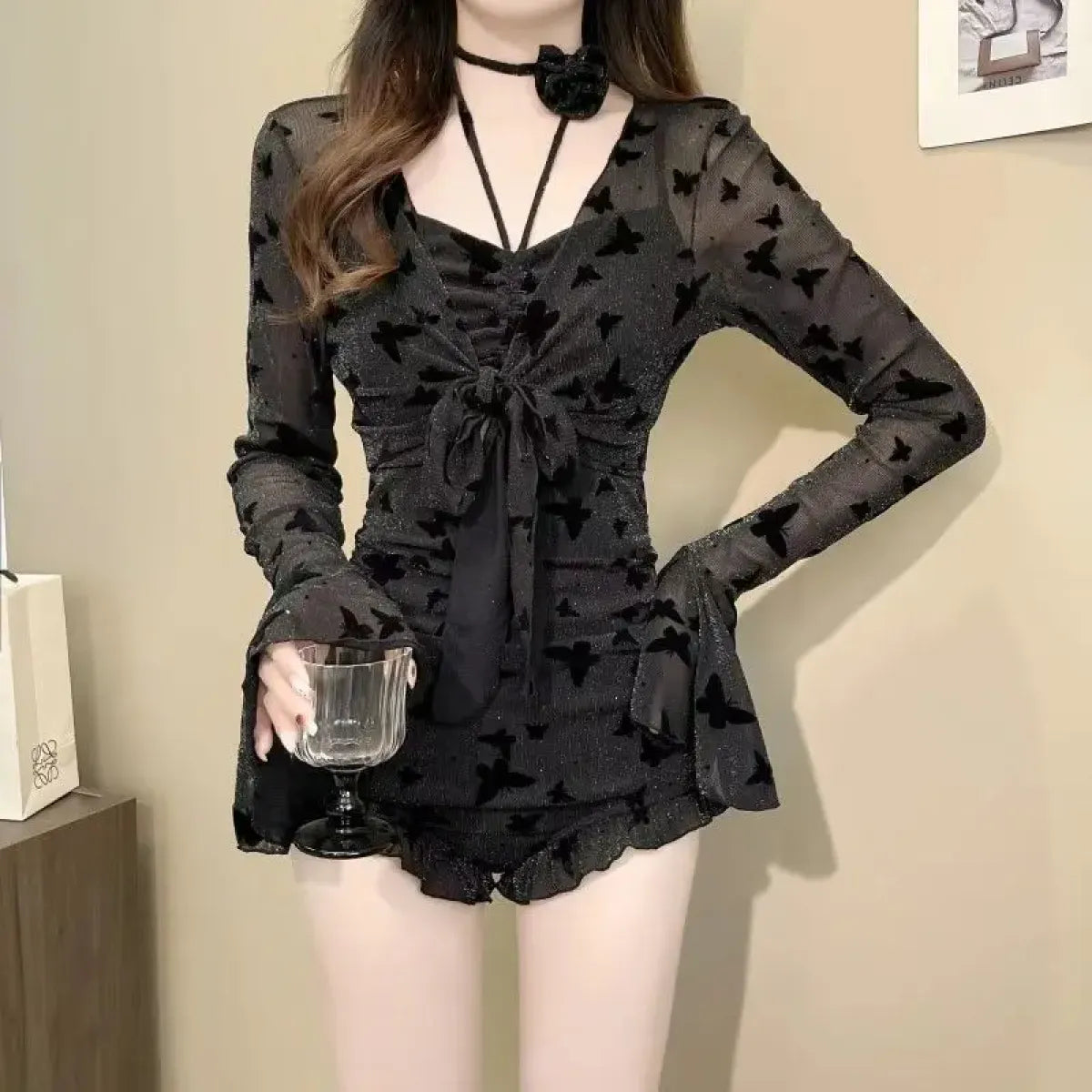 Butterfly Glitter Swimsuit – Kpop 3D Flower 3PCS Mesh Set