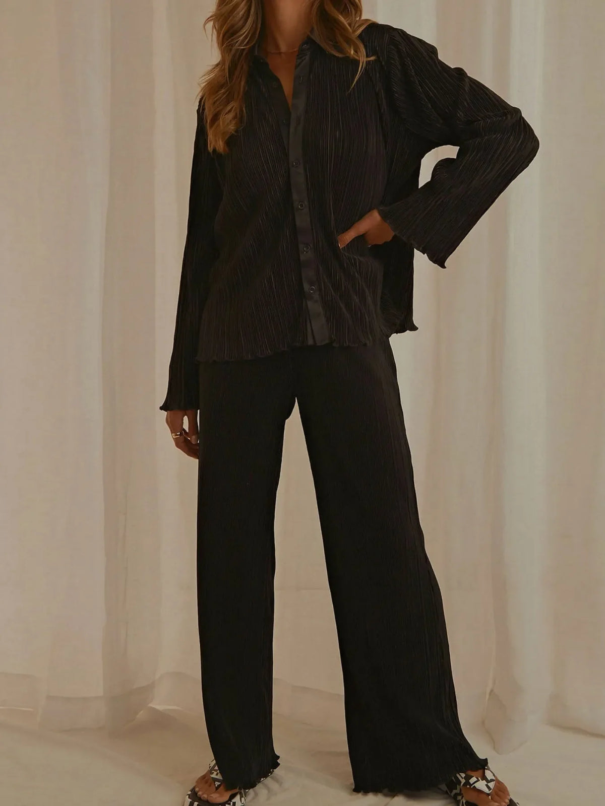 Button Up Long Sleeve Top and Pants Set