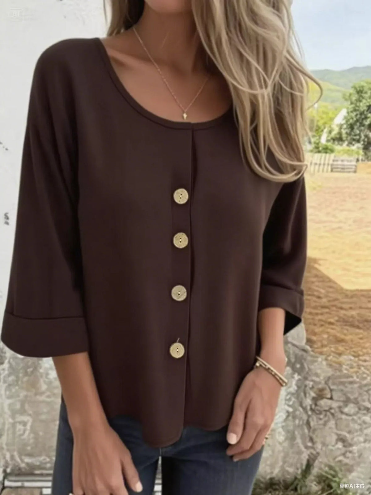 Full Size Button-Front 3/4 Sleeve Casual Blouse Plus Size