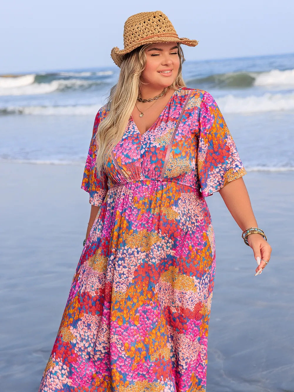 Plus Size Printed V-Neck Half Sleeve Maxi Dress For Women
