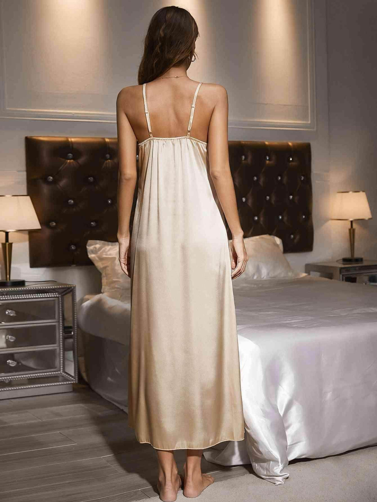 Contrast Lace Trim Spaghetti Strap Split Night Gown for Women
