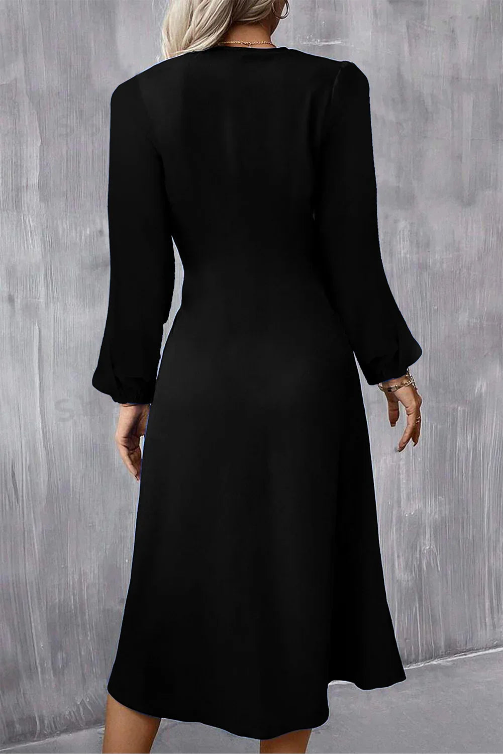 Black Plain Lantern Sleeve Midi Dress