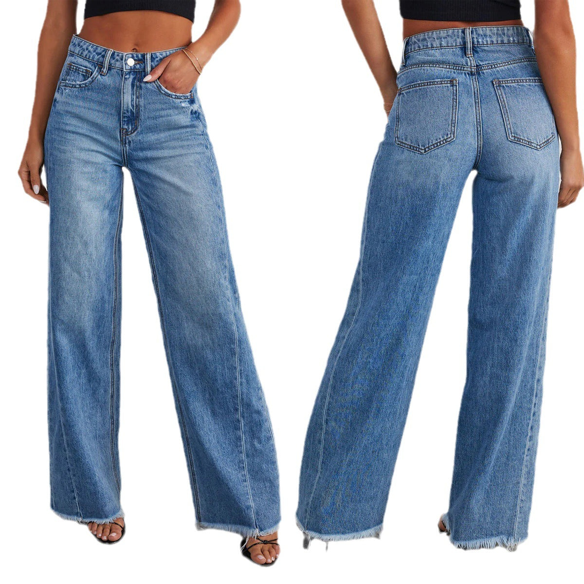Europe And The United States Cross-border New Amazon Loose Wide Leg Side Stitching Framed Hem Jeans Women&