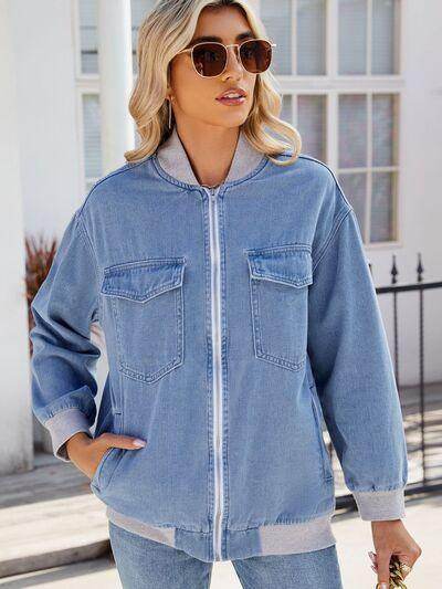 Pocketed Zip Up Baseball Collar Denim Jacket for Women
