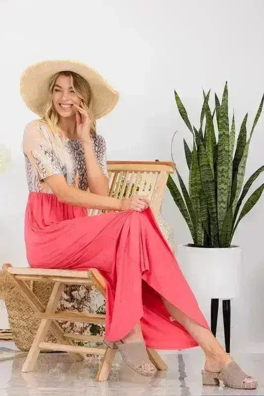 Celeste Full Size Leopard Round Neck Short Sleeve Maxi Dress Plus Size