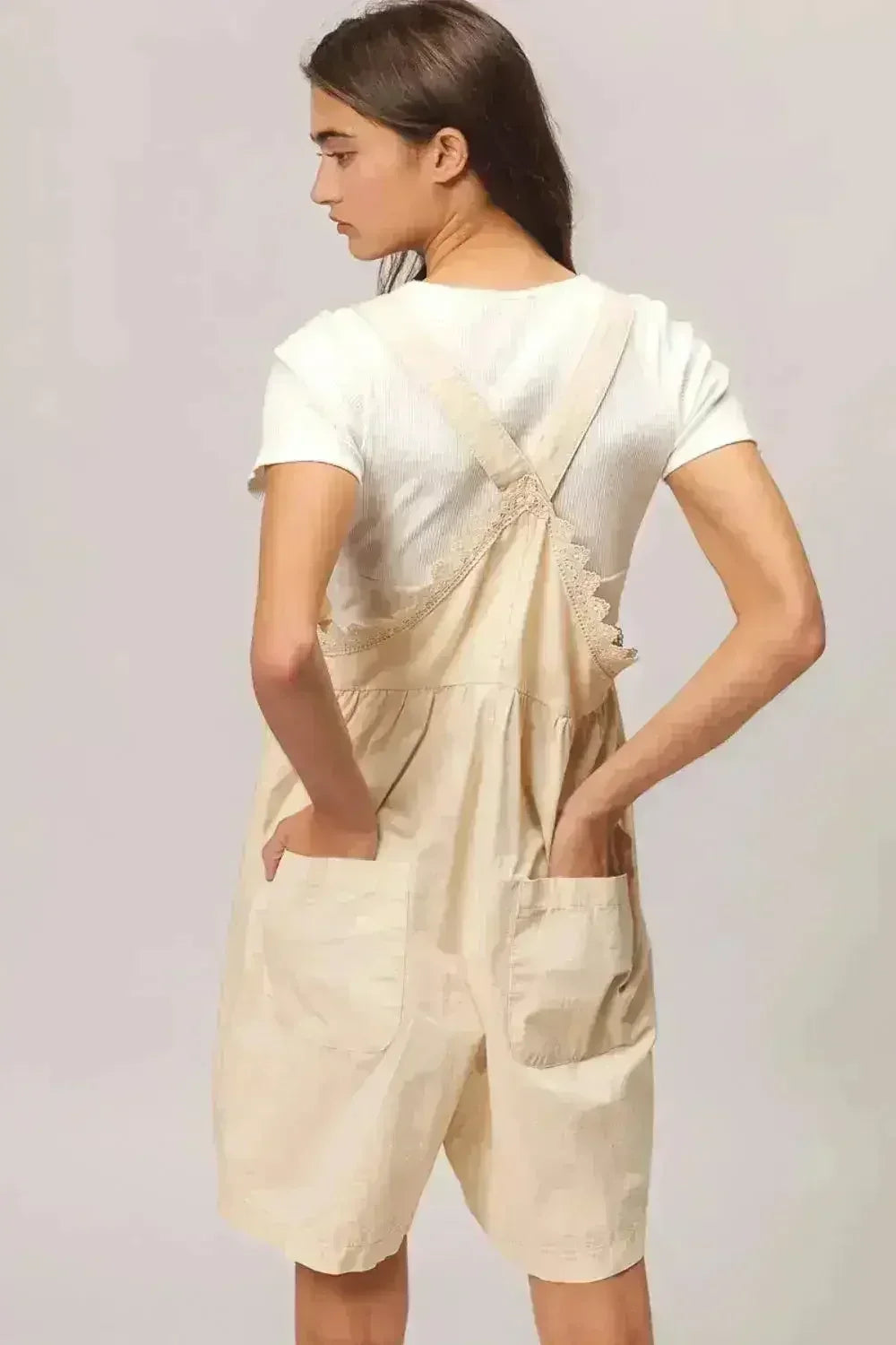BiBi Back Patch Pocket Lace Trim Rompers