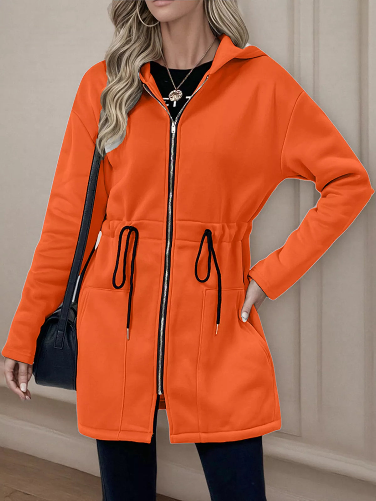 Drawstring Zip Up Hooded Outerwear