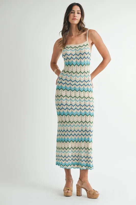 MABLE Lightweight Pointelle Chevron Knit Maxi Dress