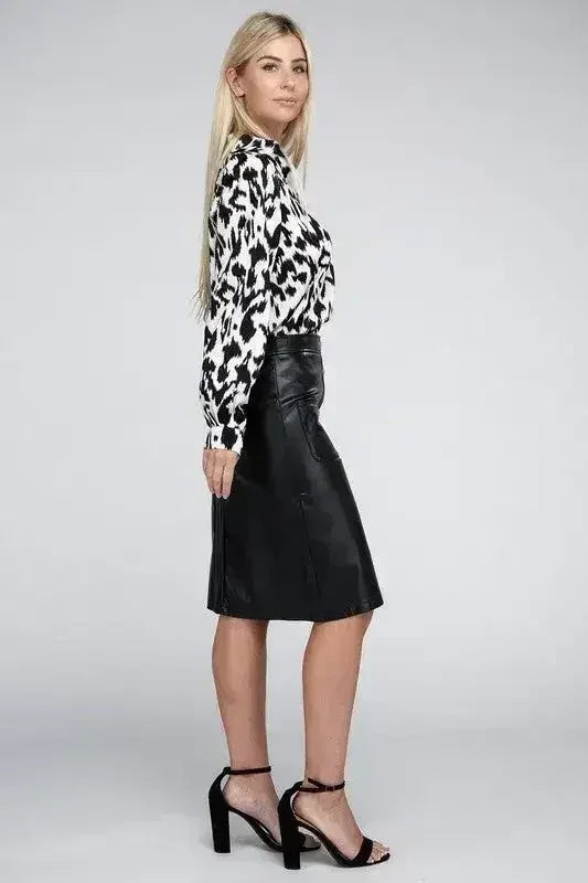 Button Front PU Skirt – High Waist Midi with Pockets