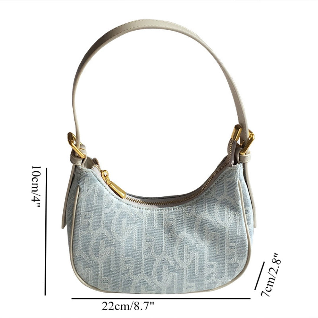 PU retro denim baguette armpit bag female, spring and summer shoulder bag, small hobo bag