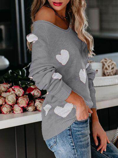 Heart Scoop Neck Long Sleeve Sweater for Women Cozy Style