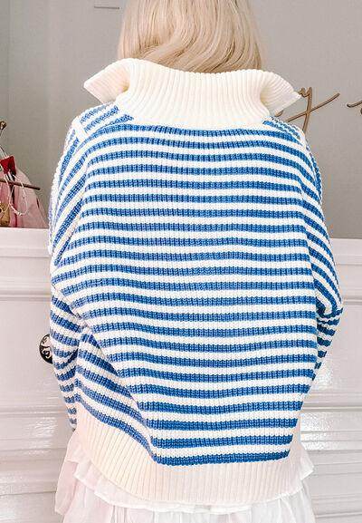 Striped Half Zip Mock Neck Long Sleeve Sweater for Women