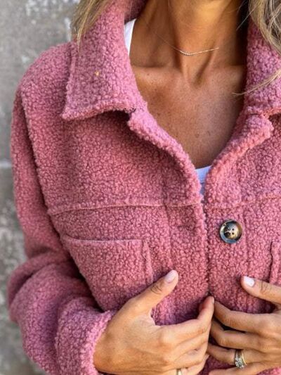 Comfortable Modern Women Full Size Fuzzy Button-Up Jacket with Drop Shoulder and Pockets