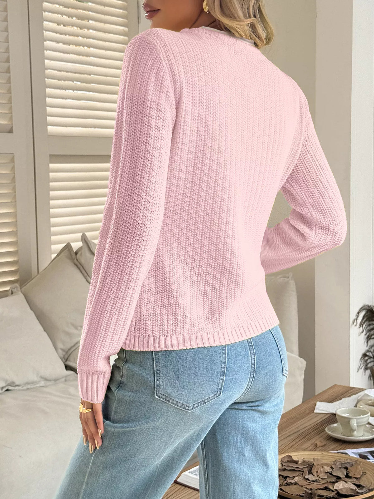Button-Front Ribbed Long Sleeve Cardigan